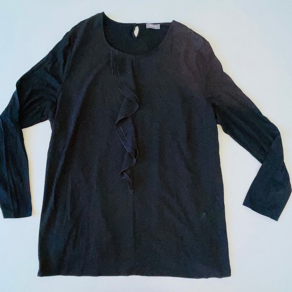 BASLER Black Ruffle Front Long Sleeve Viscose Blouse Top Keyhole Back Womens XL